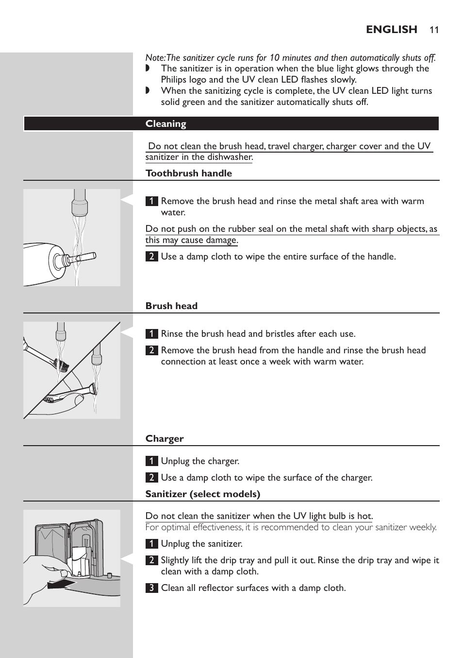 Cleaning, Toothbrush handle, Brush head | Charger, Sanitizer (select models) | Philips sonic toothbrush FlexCare 900 User Manual | Page 11 / 16