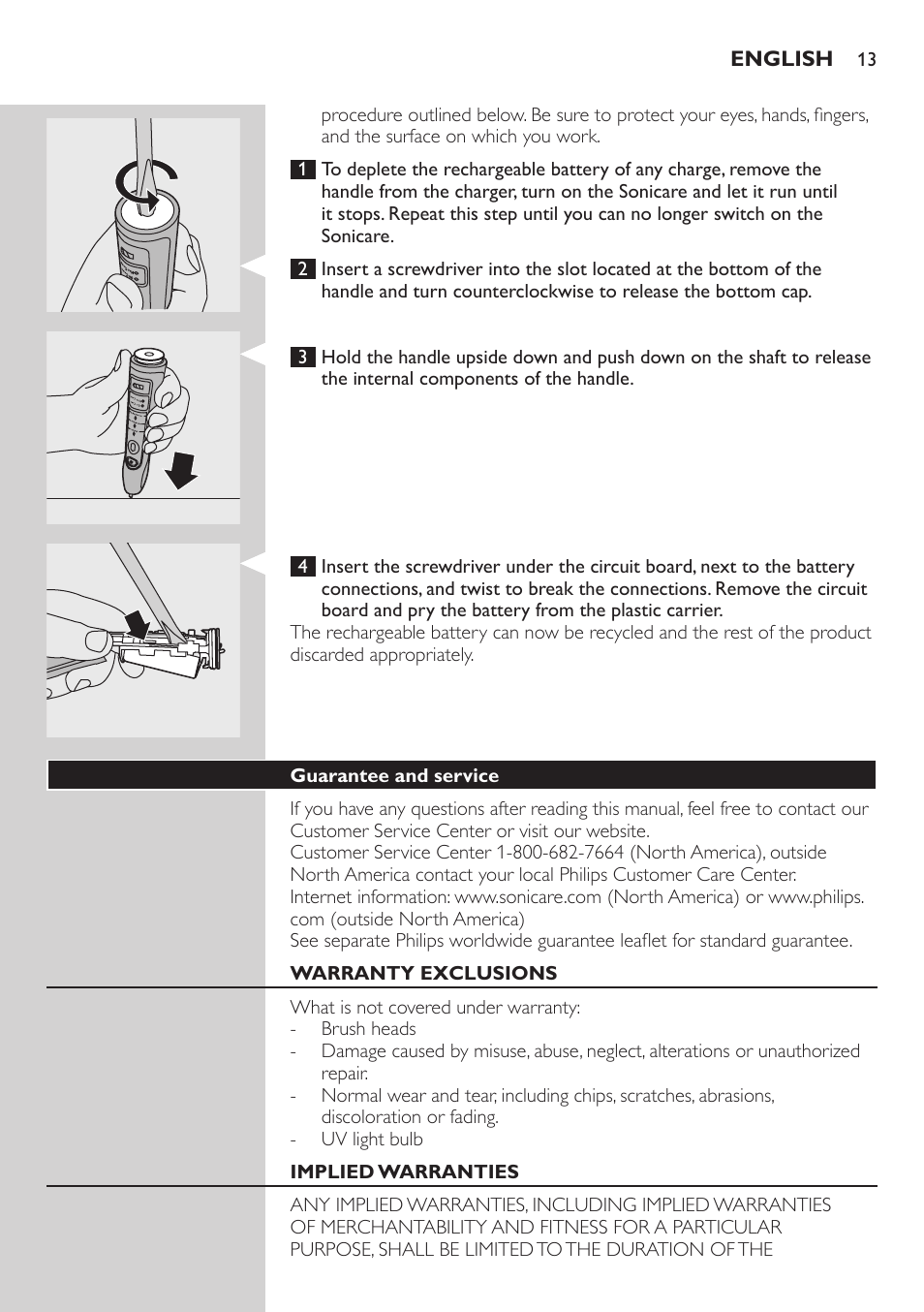 Guarantee and service, Warranty exclusions, Implied warranties | Philips sonic toothbrush FlexCare 900 User Manual | Page 13 / 16