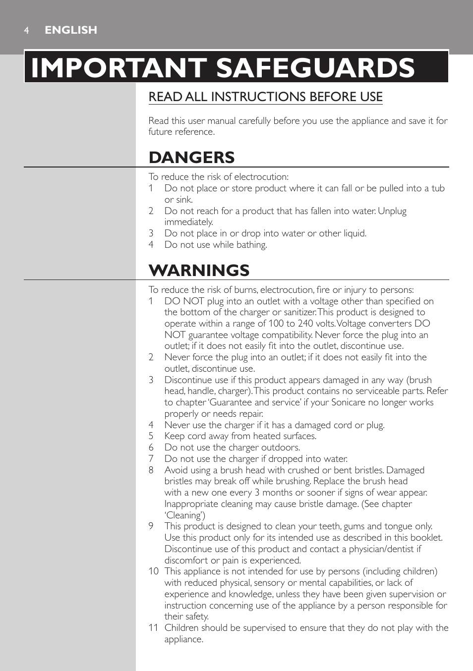 English, Important safeguards, Dangers | Warnings, Read all instructions before use | Philips sonic toothbrush FlexCare 900 User Manual | Page 4 / 16