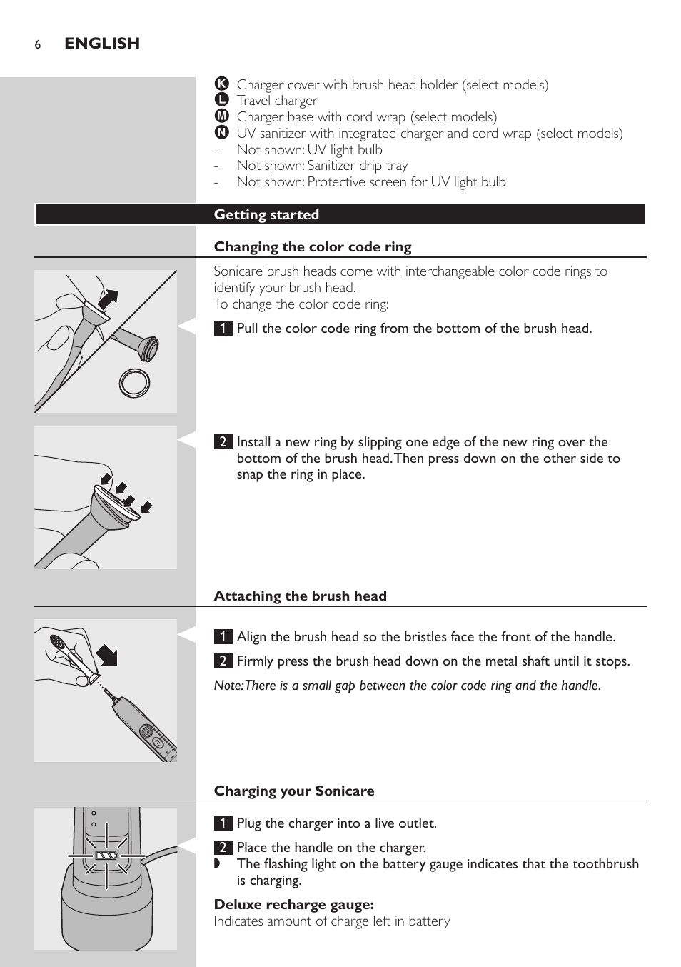 Getting started, Changing the color code ring, Attaching the brush head | Charging your sonicare, Deluxe recharge gauge, English | Philips sonic toothbrush FlexCare 900 User Manual | Page 6 / 16