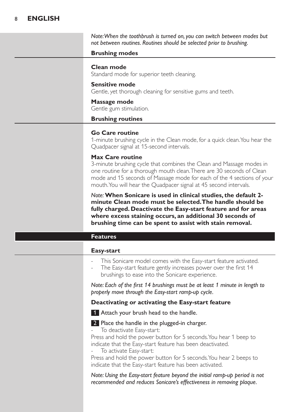 Sensitive mode, Massage mode, Brushing routines | Go care routine, Max care routine, Features, Easy-start, Deactivating or activating the easy-start feature, Smartimer | Philips sonic toothbrush FlexCare 900 User Manual | Page 8 / 16