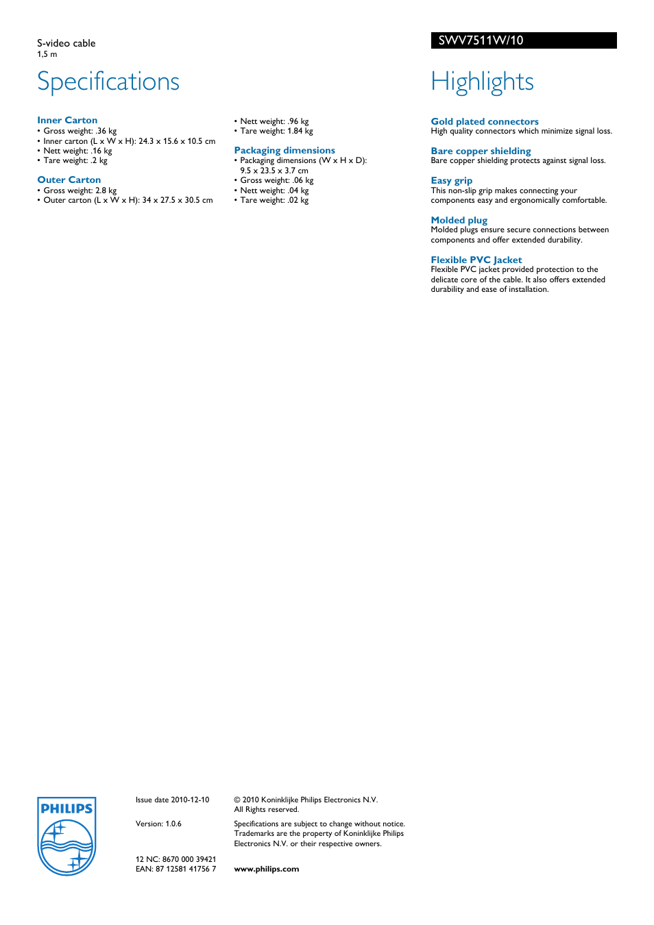 Specifications, Highlights | Philips SWV7511W User Manual | Page 2 / 2