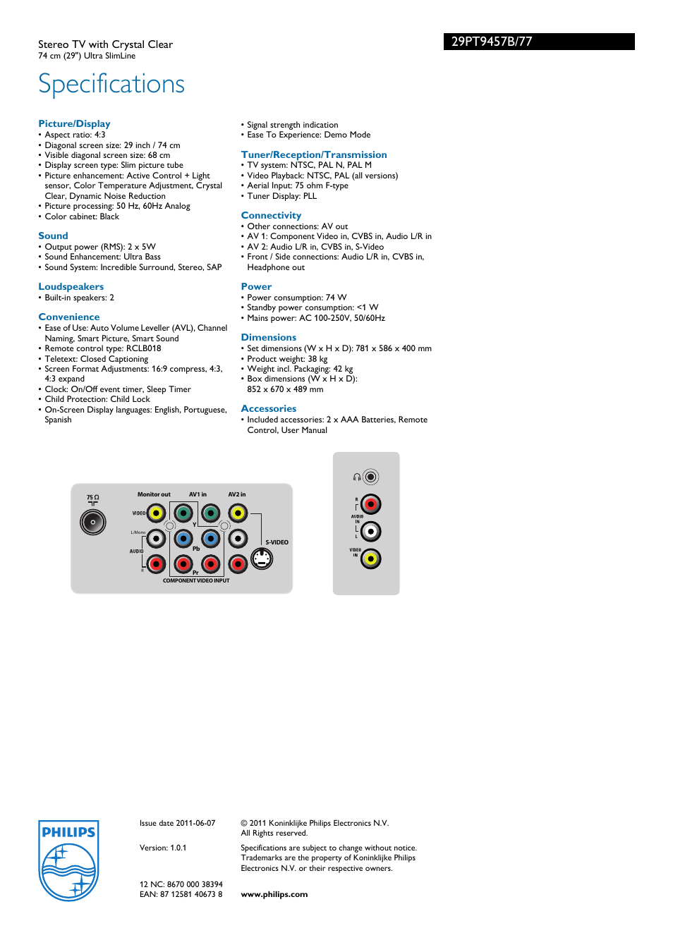 Specifications | Philips 29PT9457B User Manual | Page 3 / 3