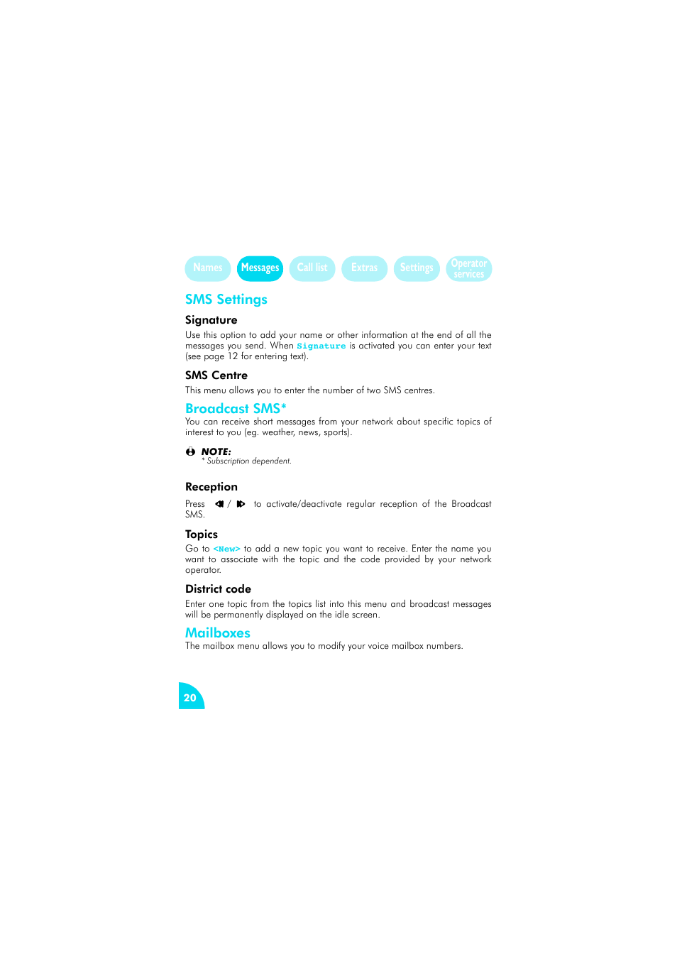 Sms settings, Signature, Sms centre | Broadcast sms, Reception, Topics, District code, Mailboxes, Signature 20, Reception 20 | Philips az@lis 238 User Manual | Page 23 / 57