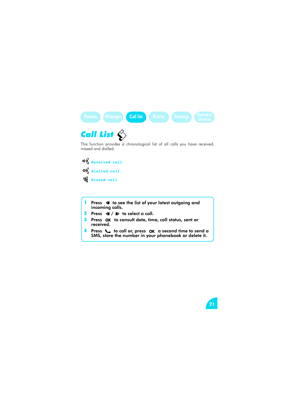 Call list | Philips az@lis 238 User Manual | Page 24 / 57