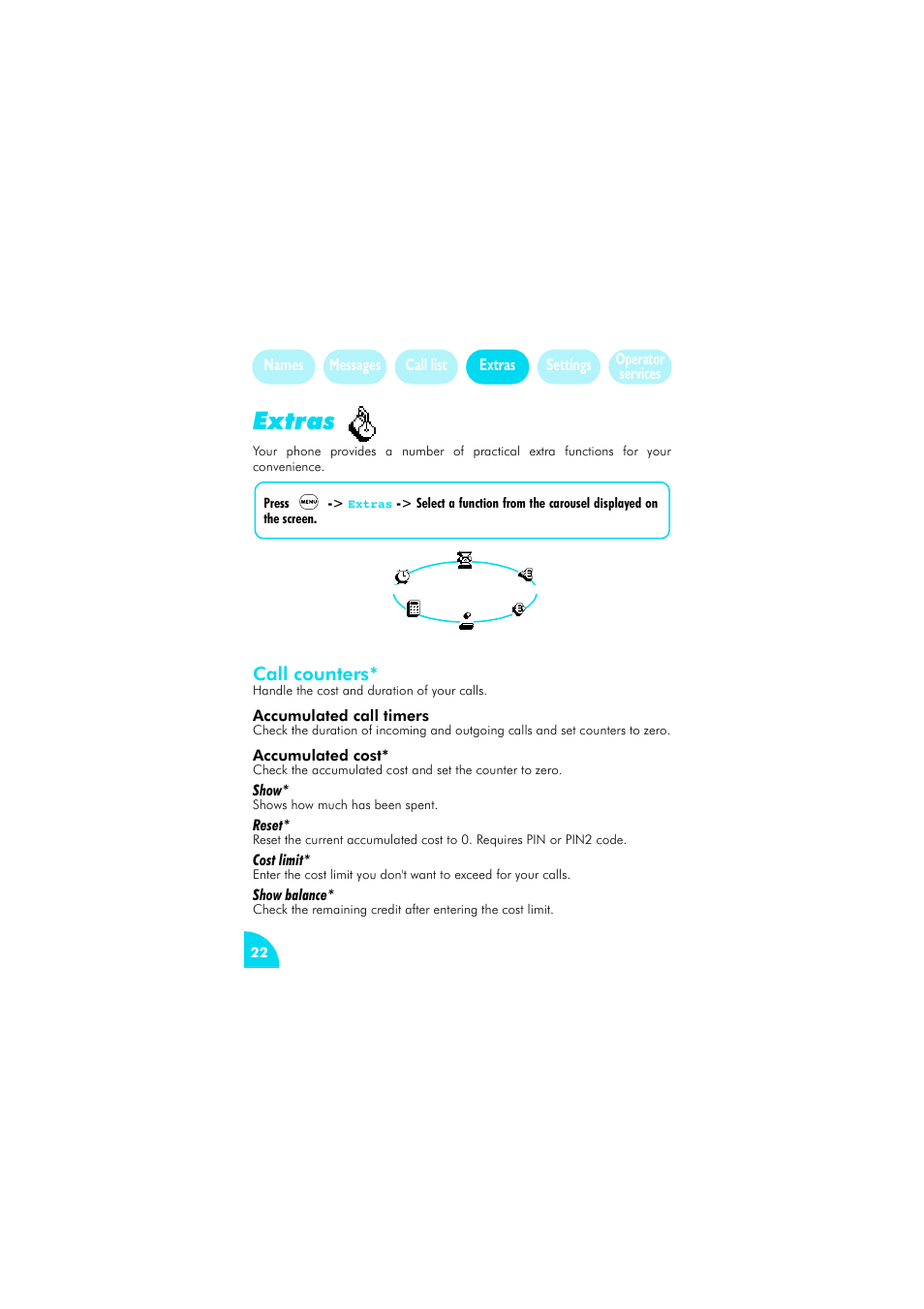 Extras, Call counters, Accumulated call timers | Accumulated cost | Philips az@lis 238 User Manual | Page 25 / 57