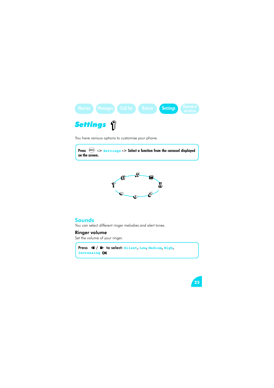 Settings, Sounds, Ringer volume | Sounds 25 | Philips az@lis 238 User Manual | Page 28 / 57