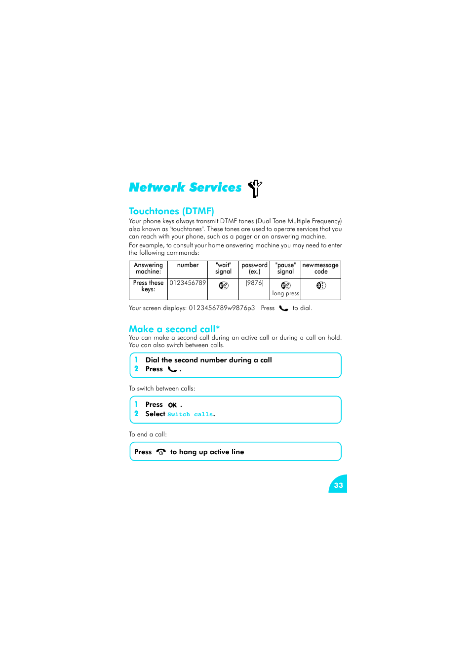 Network services, Touchtones (dtmf), Make a second call | Network services 33 | Philips az@lis 238 User Manual | Page 36 / 57