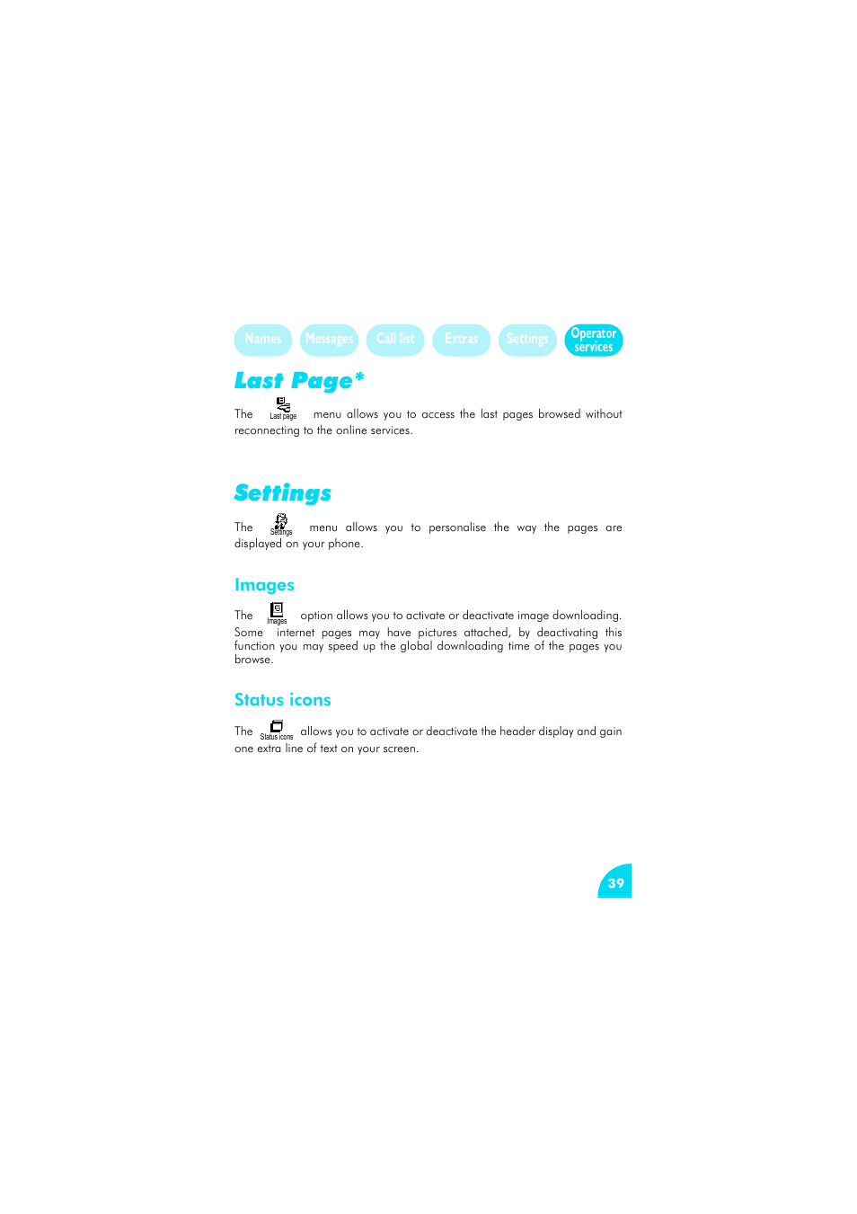 Settings, Images, Status icons | Settings 39, Images 39 status icons, Last page | Philips az@lis 238 User Manual | Page 42 / 57