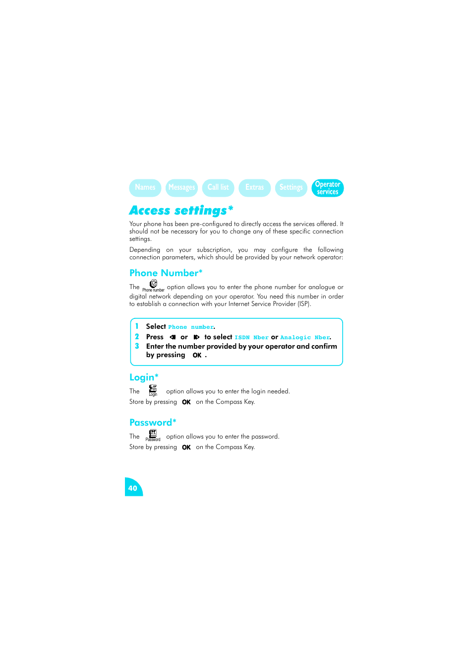 Access settings, Phone number, Login | Password, Login 40 password 40 | Philips az@lis 238 User Manual | Page 43 / 57