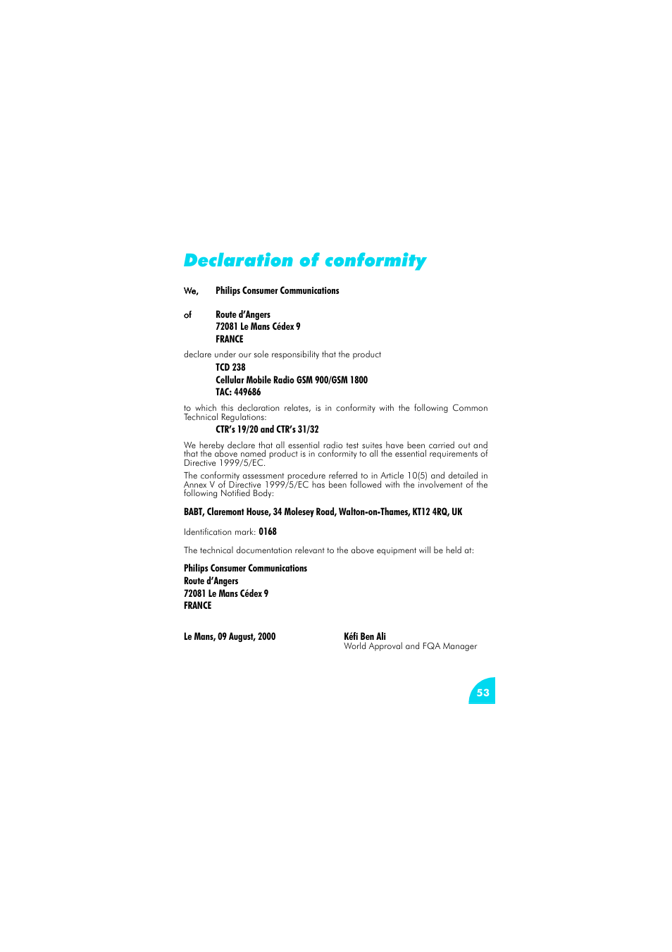 Declaration of conformity, Declaration of, Conformity 53 | Declaration of conformity 53 | Philips az@lis 238 User Manual | Page 56 / 57