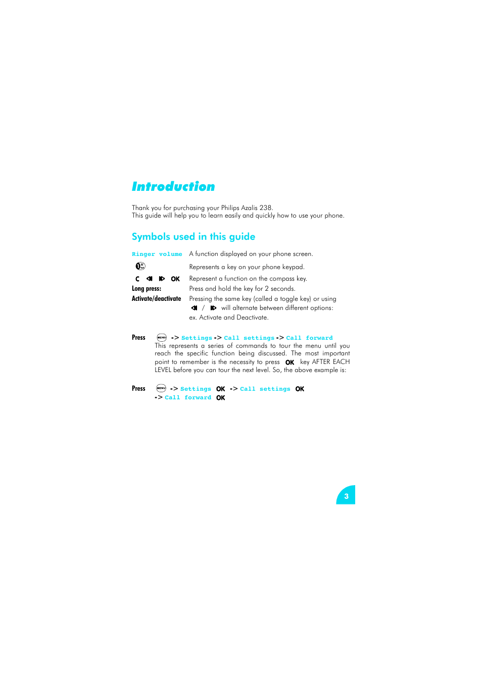Introduction, Symbols used in this guide, Introduction 3 | Symbols used in this guide 3 | Philips az@lis 238 User Manual | Page 6 / 57