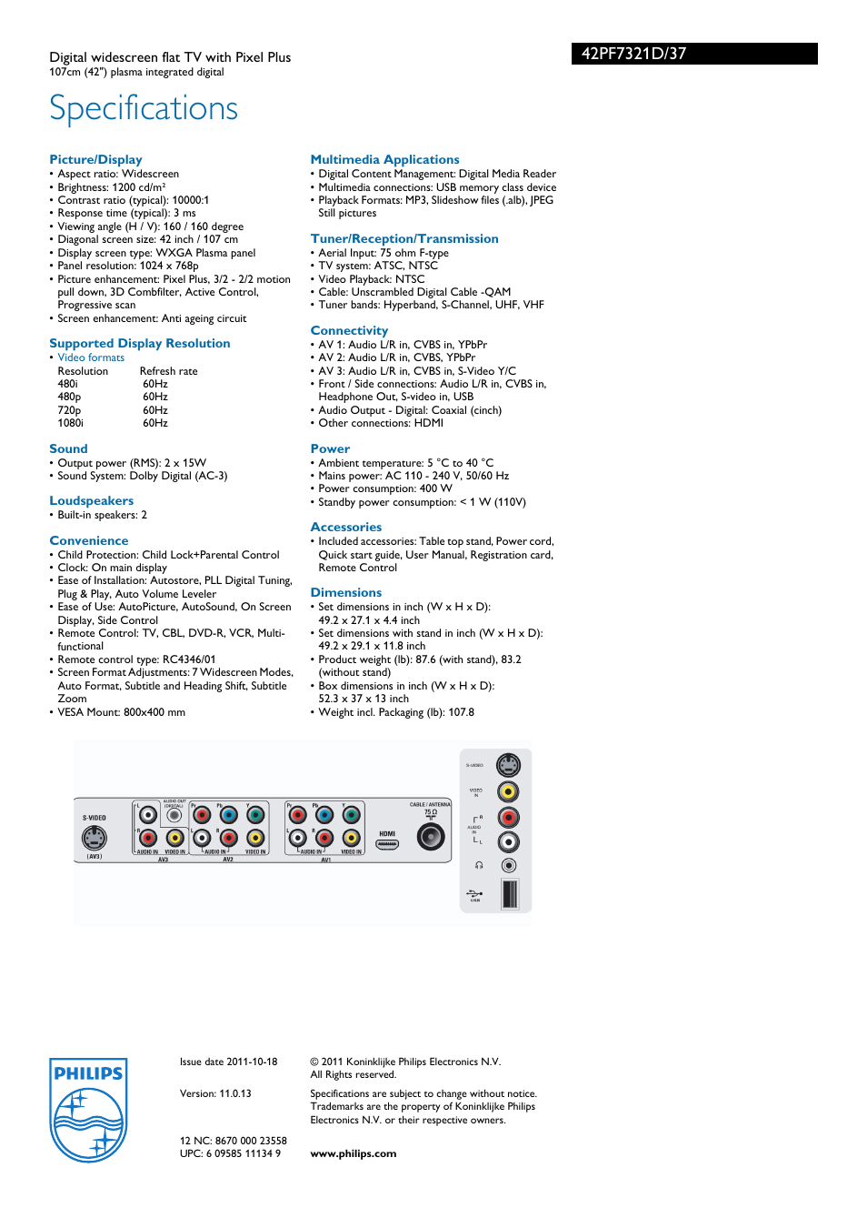 Specifications | Philips 42PF7321D User Manual | Page 3 / 3