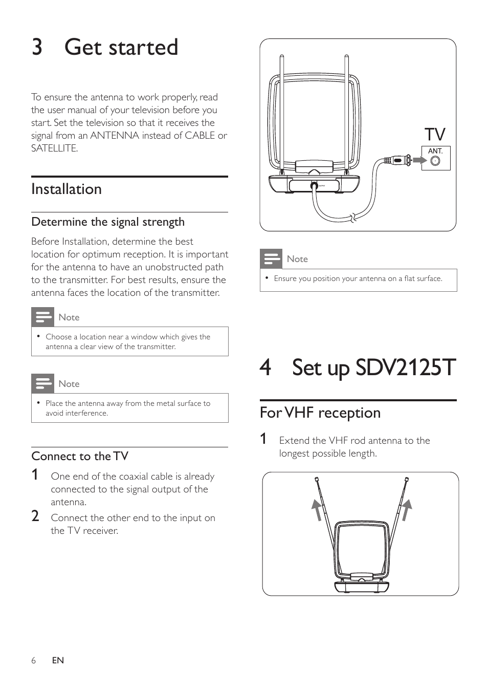 3 get started, Installation, 4 set up sdv2125 | For vhf reception, 4 set up sdv2125t | Philips SDV2125T/27 User Manual | Page 6 / 10