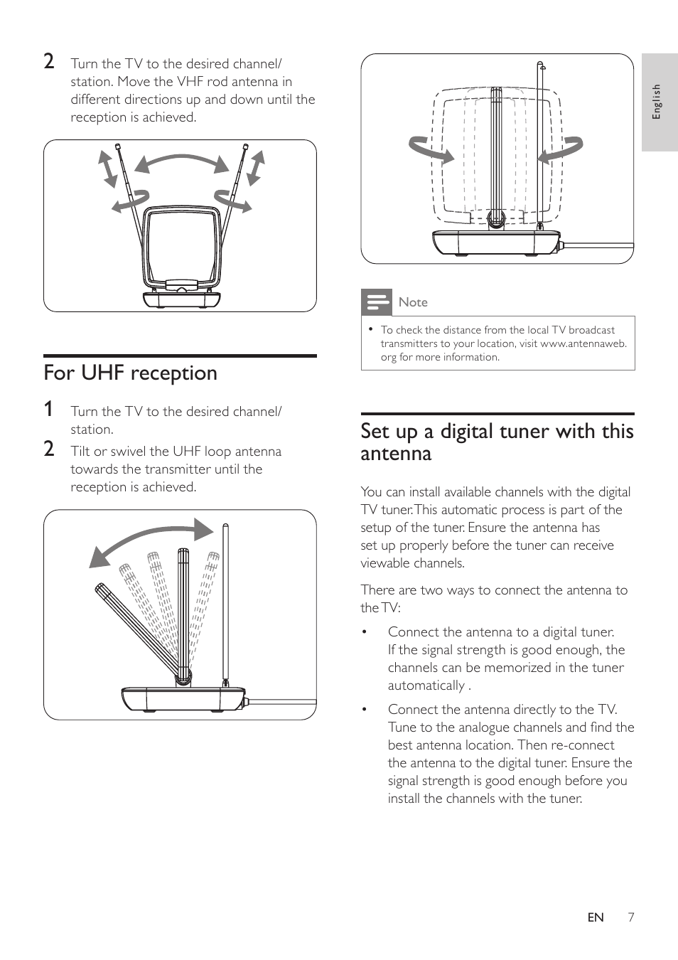 For uhf reception, Set up a digital tuner with this antenna | Philips SDV2125T/27 User Manual | Page 7 / 10