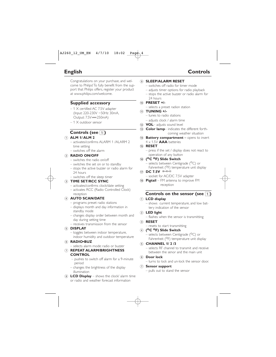 English controls | Philips AJ260/12 User Manual | Page 4 / 11