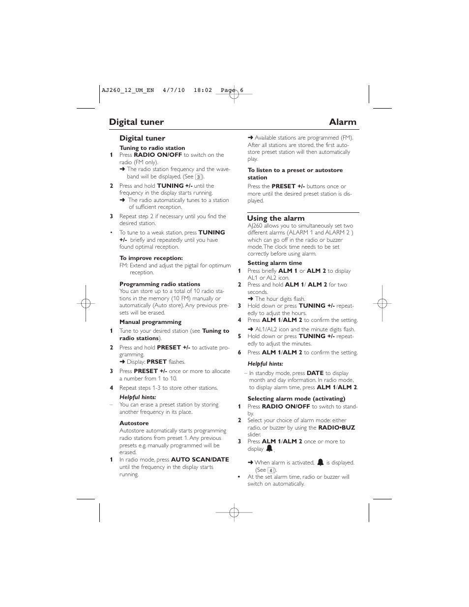 Digital tuner alarm | Philips AJ260/12 User Manual | Page 6 / 11