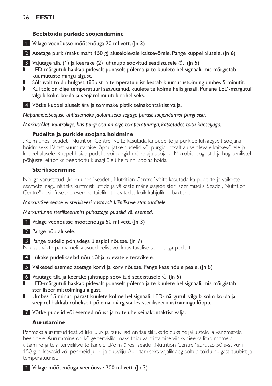 Pudelite ja purkide soojana hoidmine, Steriliseerimine, Aurutamine | Philips SCF280 User Manual | Page 26 / 108