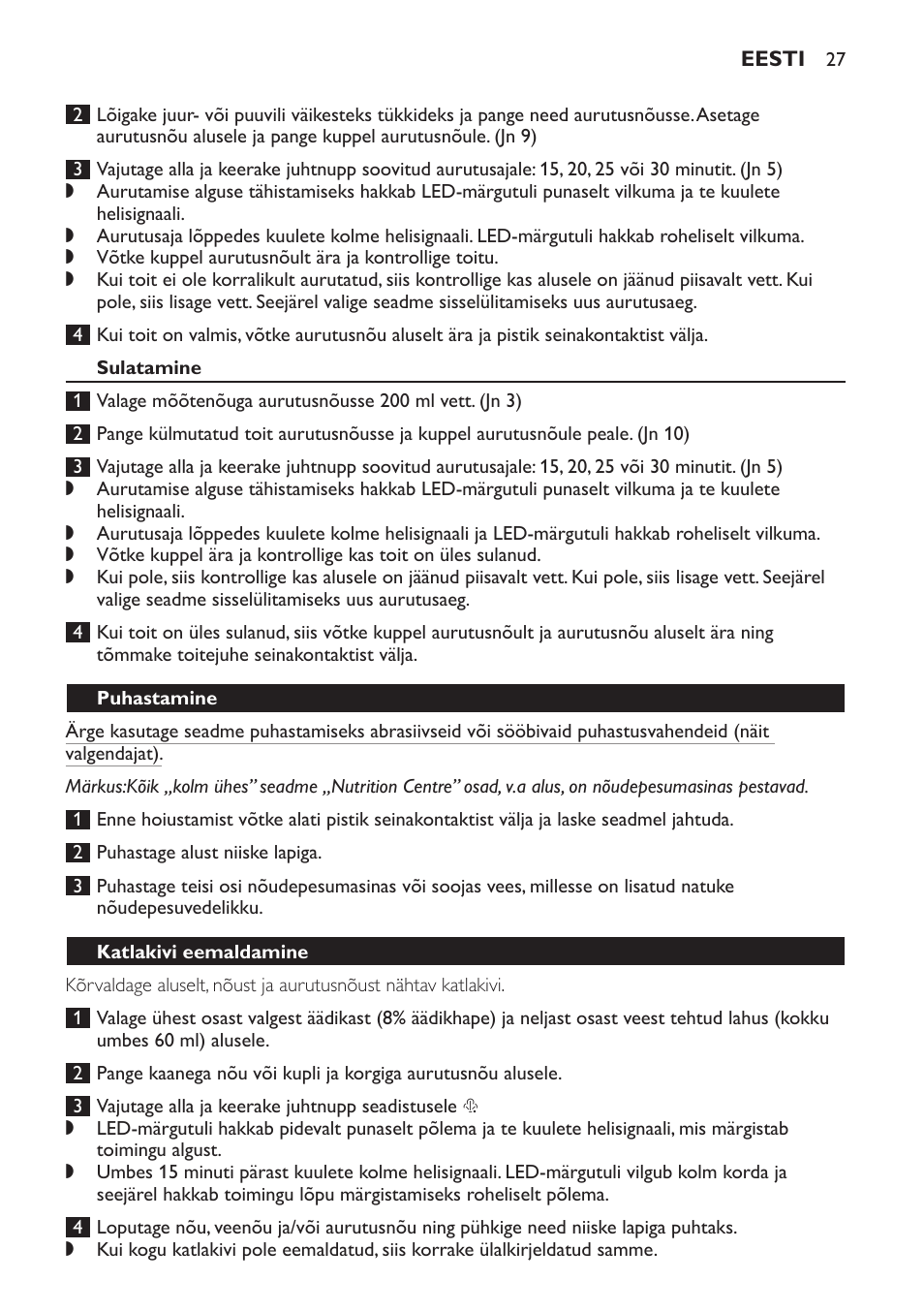 Sulatamine, Puhastamine, Katlakivi eemaldamine | Philips SCF280 User Manual | Page 27 / 108