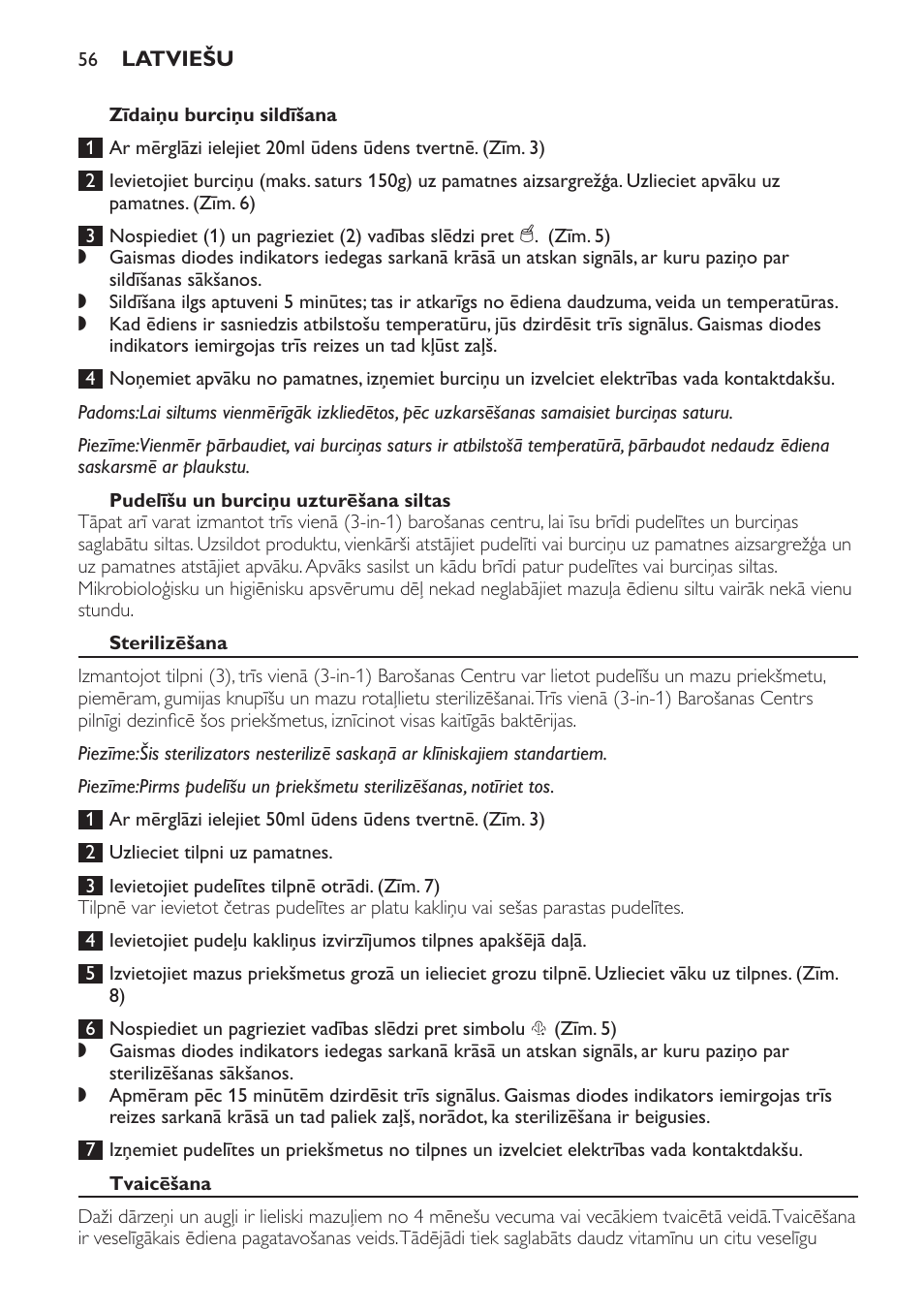 Pudelīšu un burciņu uzturēšana siltas, Sterilizēšana, Tvaicēšana | Philips SCF280 User Manual | Page 56 / 108