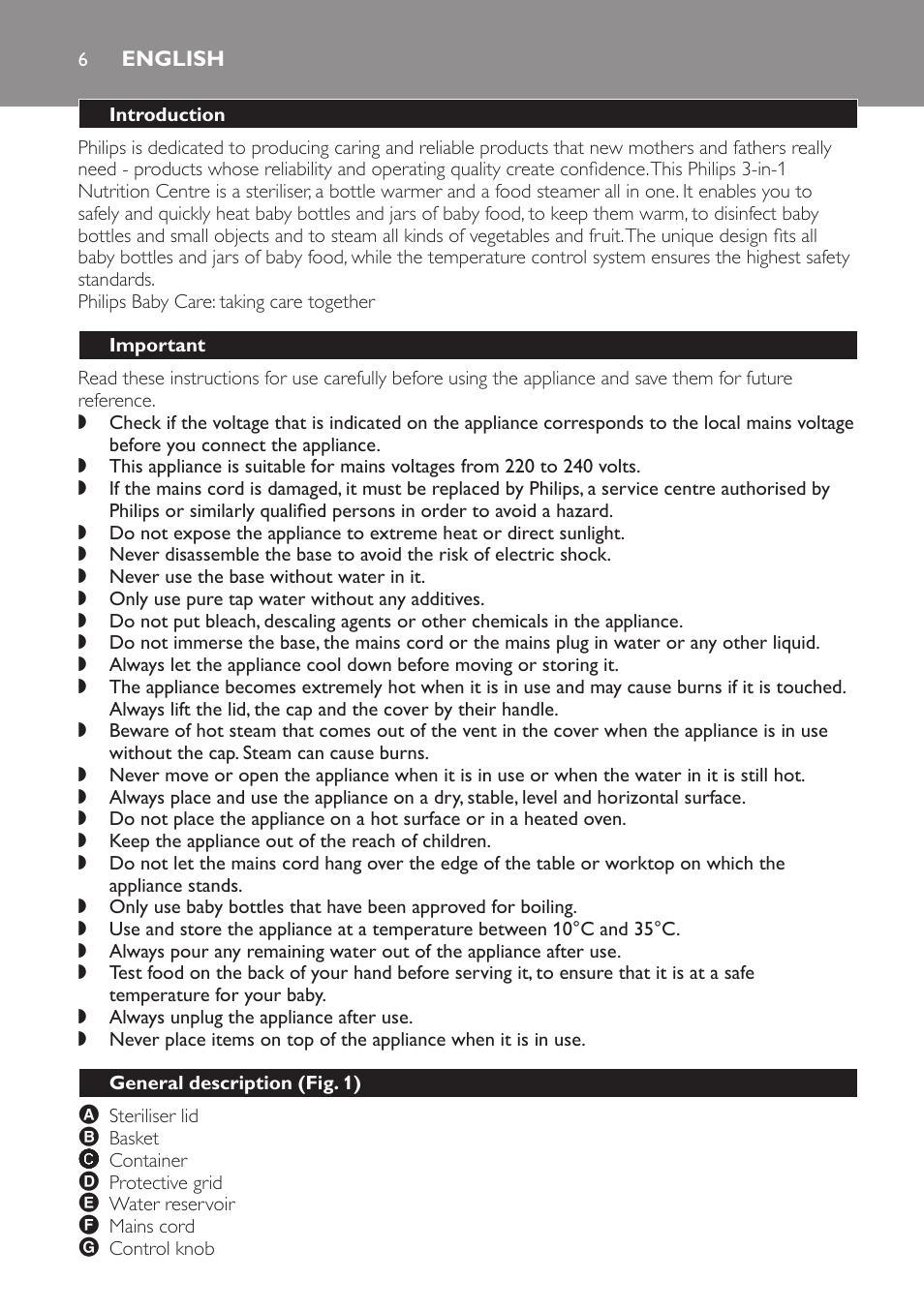 English, Introduction, Important | General description﻿ (fig. 1) | Philips SCF280 User Manual | Page 6 / 108