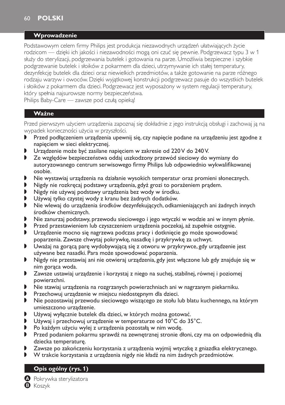 Polski, Wprowadzenie, Ważne | Opis ogólny﻿ (rys. 1) | Philips SCF280 User Manual | Page 60 / 108