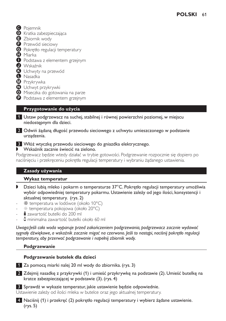 Przygotowanie do użycia, Zasady używania, Wykaz temperatur | Podgrzewanie, Podgrzewanie butelek dla dzieci | Philips SCF280 User Manual | Page 61 / 108