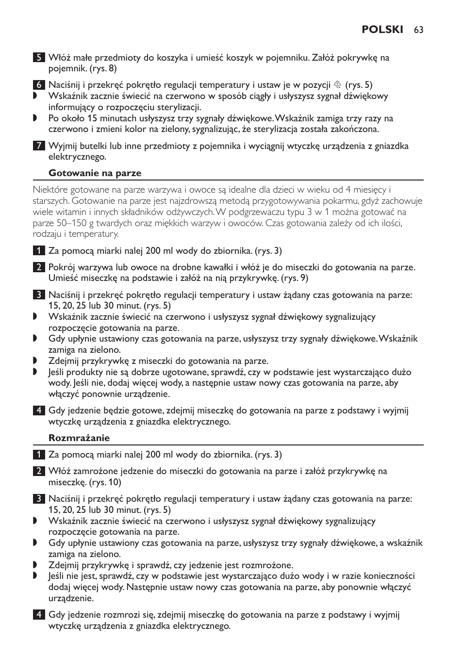 Gotowanie na parze, Rozmrażanie | Philips SCF280 User Manual | Page 63 / 108