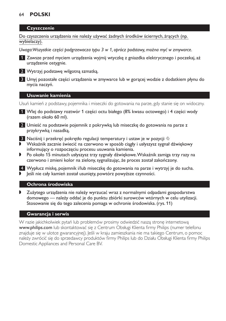 Czyszczenie, Usuwanie kamienia, Ochrona środowiska | Gwarancja i serwis, Często zadawane pytania | Philips SCF280 User Manual | Page 64 / 108