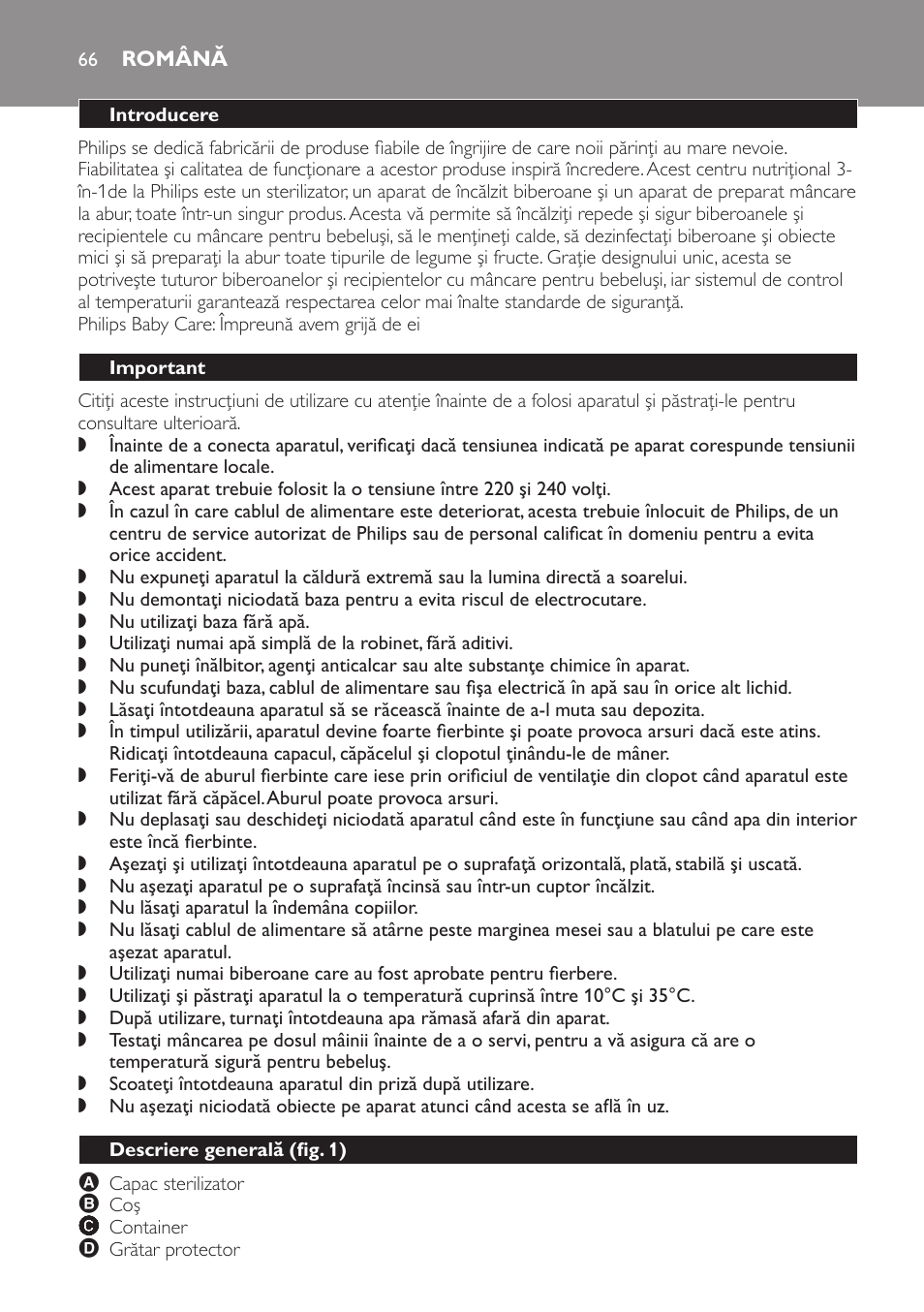 Română, Introducere, Important | Descriere generală﻿ (fig. 1) | Philips SCF280 User Manual | Page 66 / 108