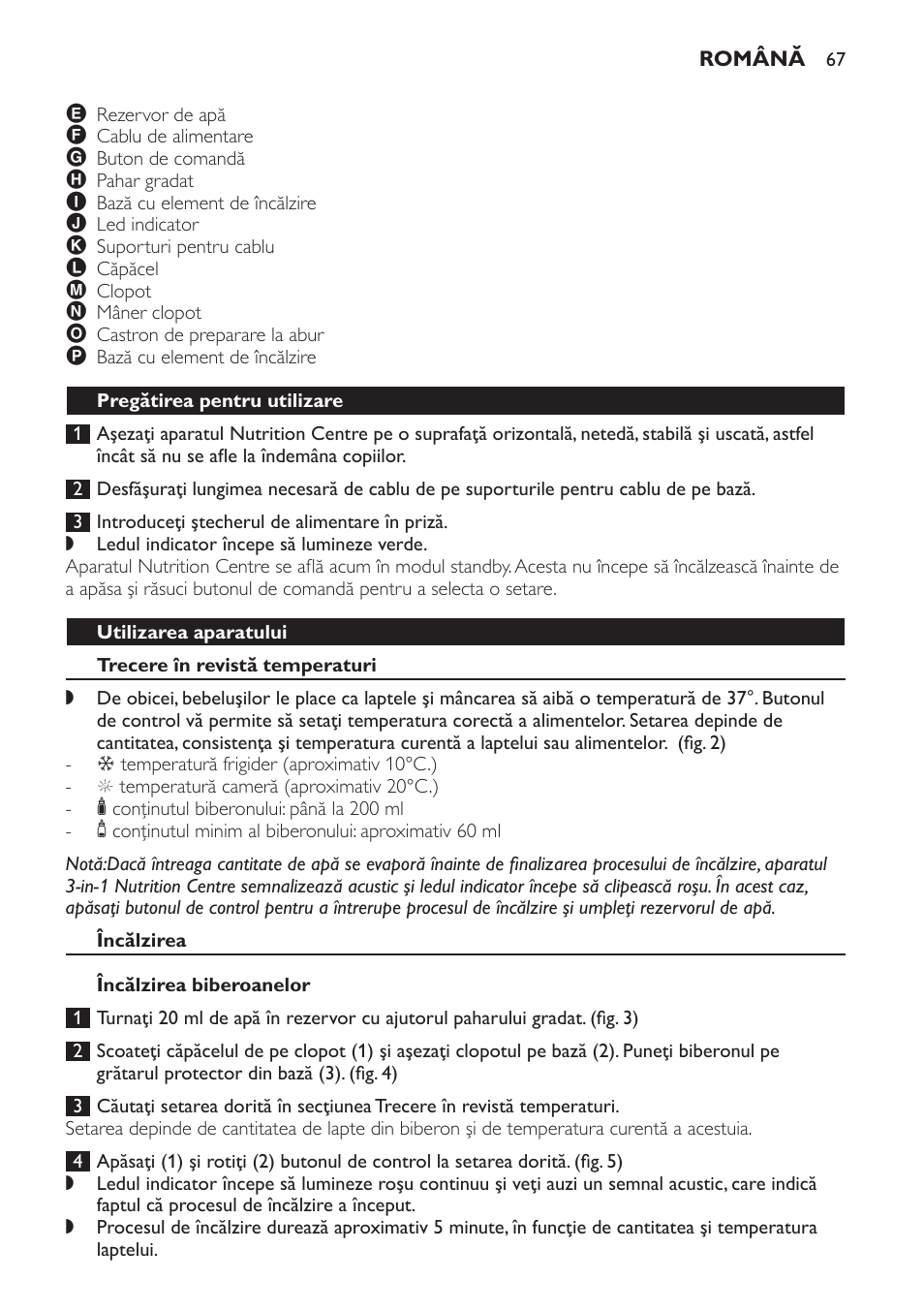 Pregătirea pentru utilizare, Utilizarea aparatului, Trecere în revistă temperaturi | Încălzirea, Încălzirea biberoanelor | Philips SCF280 User Manual | Page 67 / 108