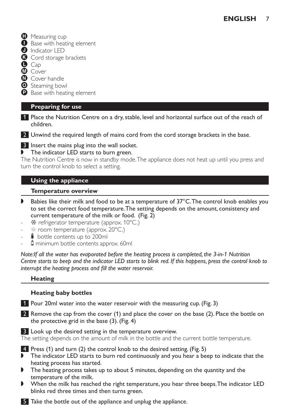 Preparing for use, Using the appliance, Temperature overview | Heating, Heating baby bottles | Philips SCF280 User Manual | Page 7 / 108