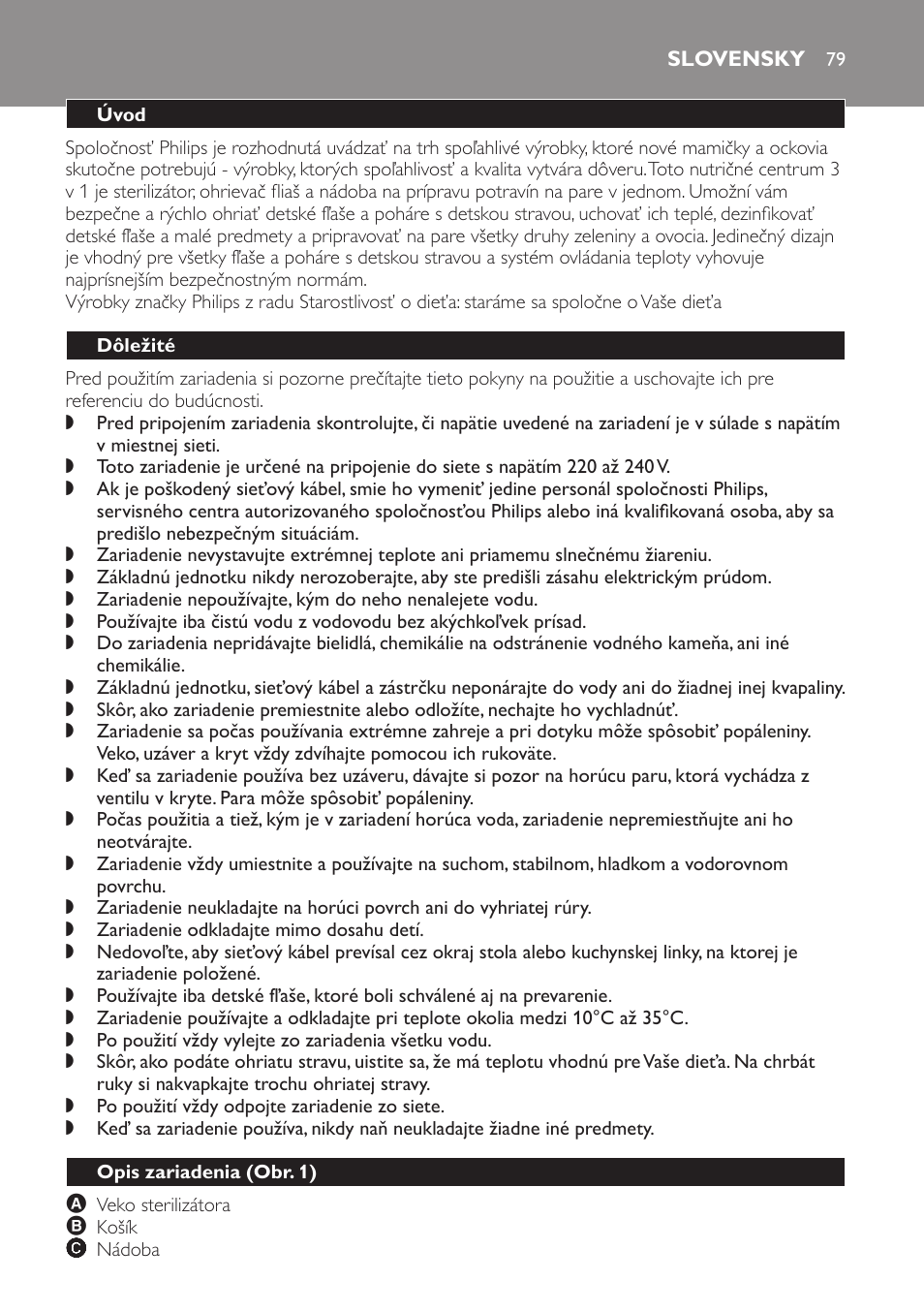 Slovensky, Úvod, Dôležité | Opis zariadenia﻿ (obr. 1) | Philips SCF280 User Manual | Page 79 / 108