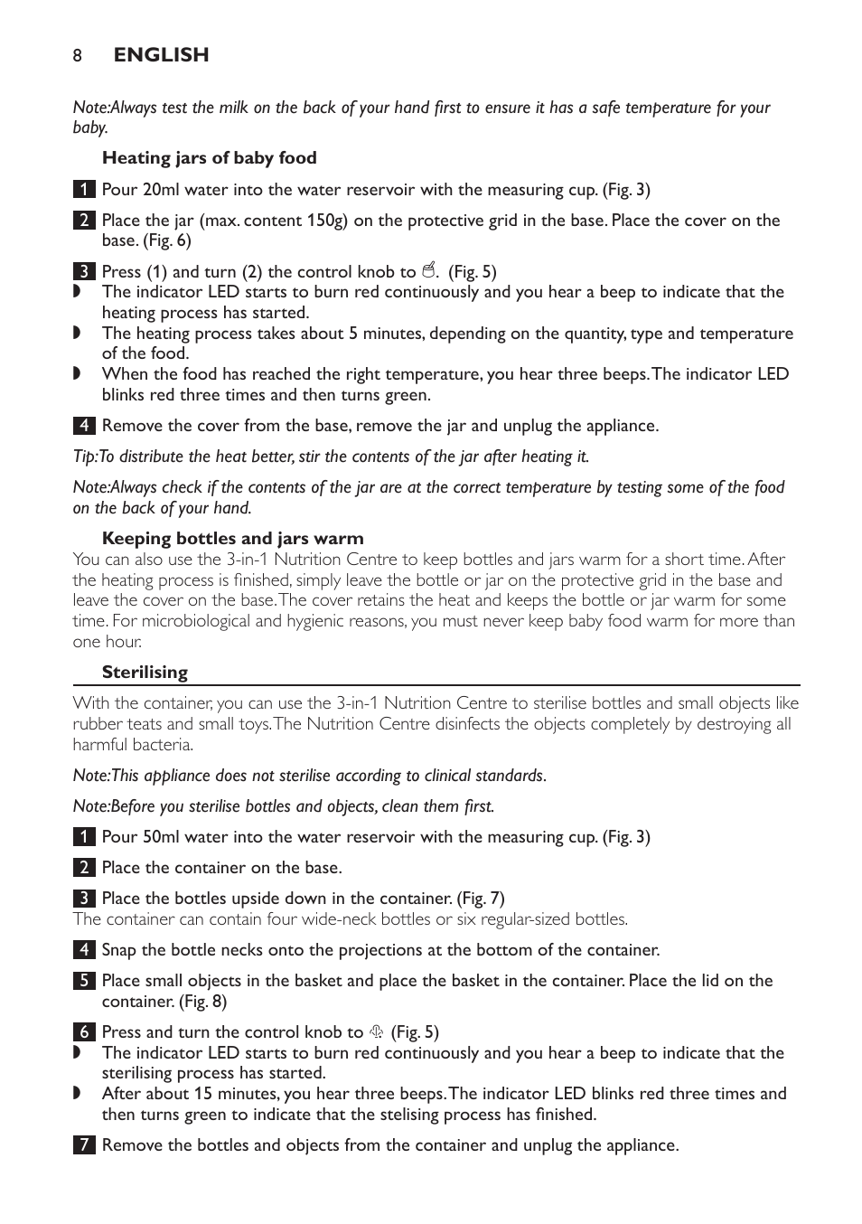 Heating jars of baby food, Keeping bottles and jars warm, Sterilising | Philips SCF280 User Manual | Page 8 / 108