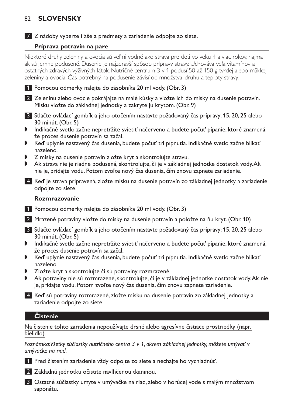 Príprava potravín na pare, Rozmrazovanie, Čistenie | Philips SCF280 User Manual | Page 82 / 108