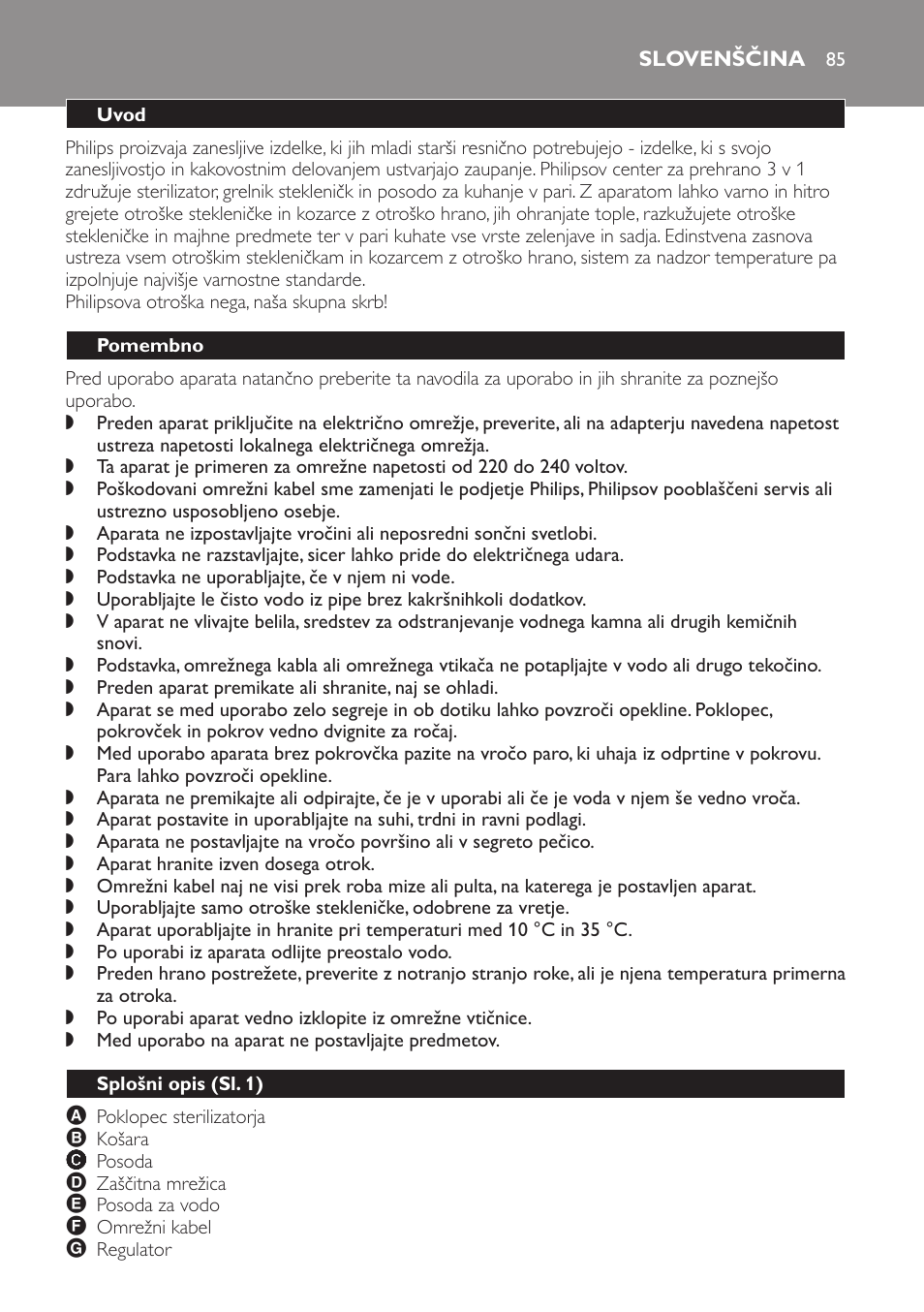 Slovenščina, Uvod, Pomembno | Splošni opis﻿ (sl. 1) | Philips SCF280 User Manual | Page 85 / 108