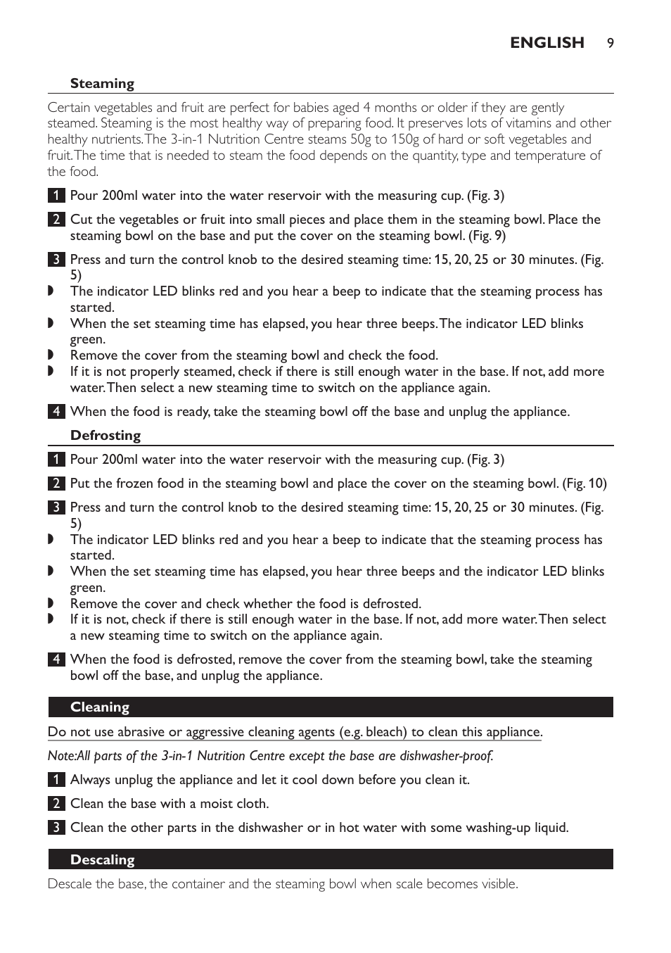 Steaming, Defrosting, Cleaning | Descaling | Philips SCF280 User Manual | Page 9 / 108