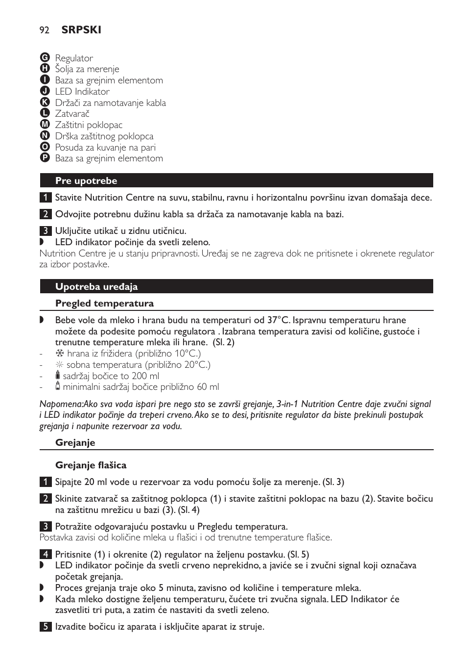 Pre upotrebe, Upotreba uređaja, Pregled temperatura | Grejanje, Grejanje flašica | Philips SCF280 User Manual | Page 92 / 108