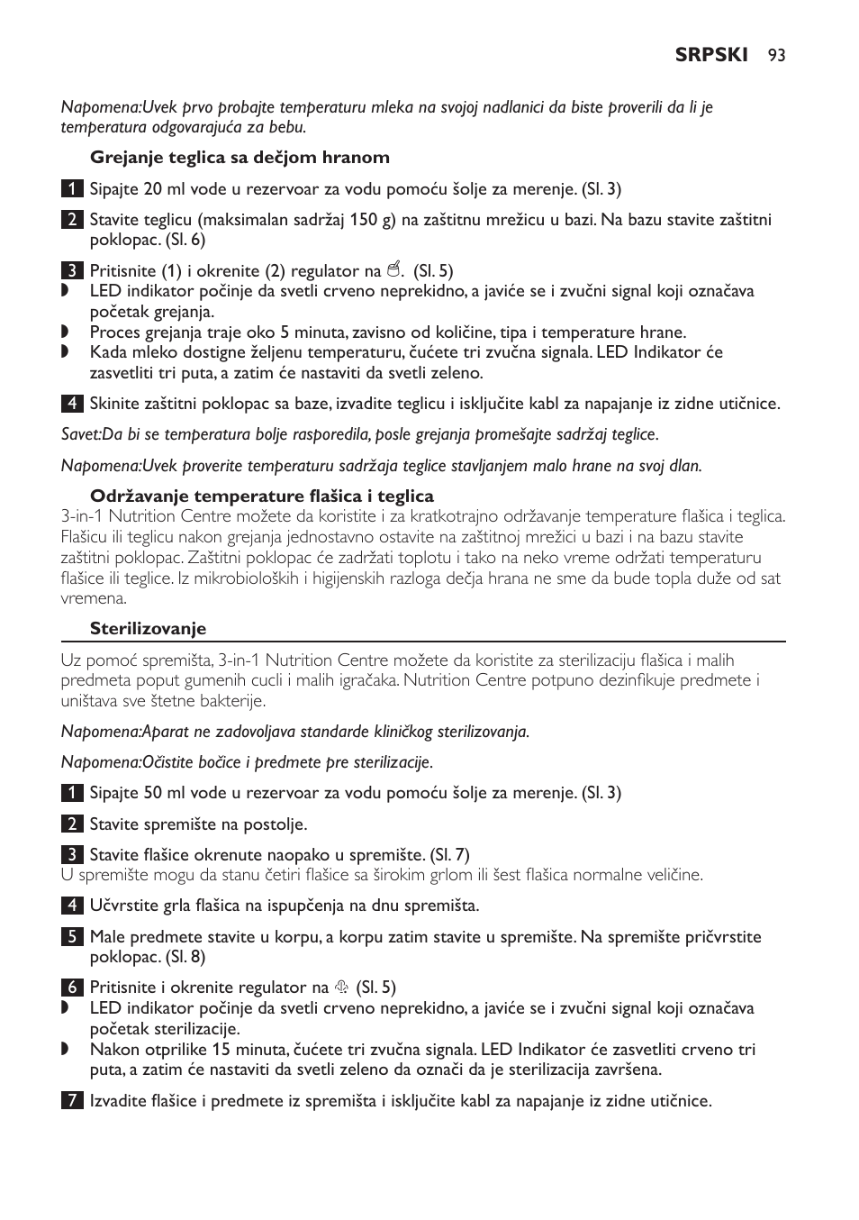 Grejanje teglica sa dečjom hranom, Održavanje temperature flašica i teglica, Sterilizovanje | Philips SCF280 User Manual | Page 93 / 108