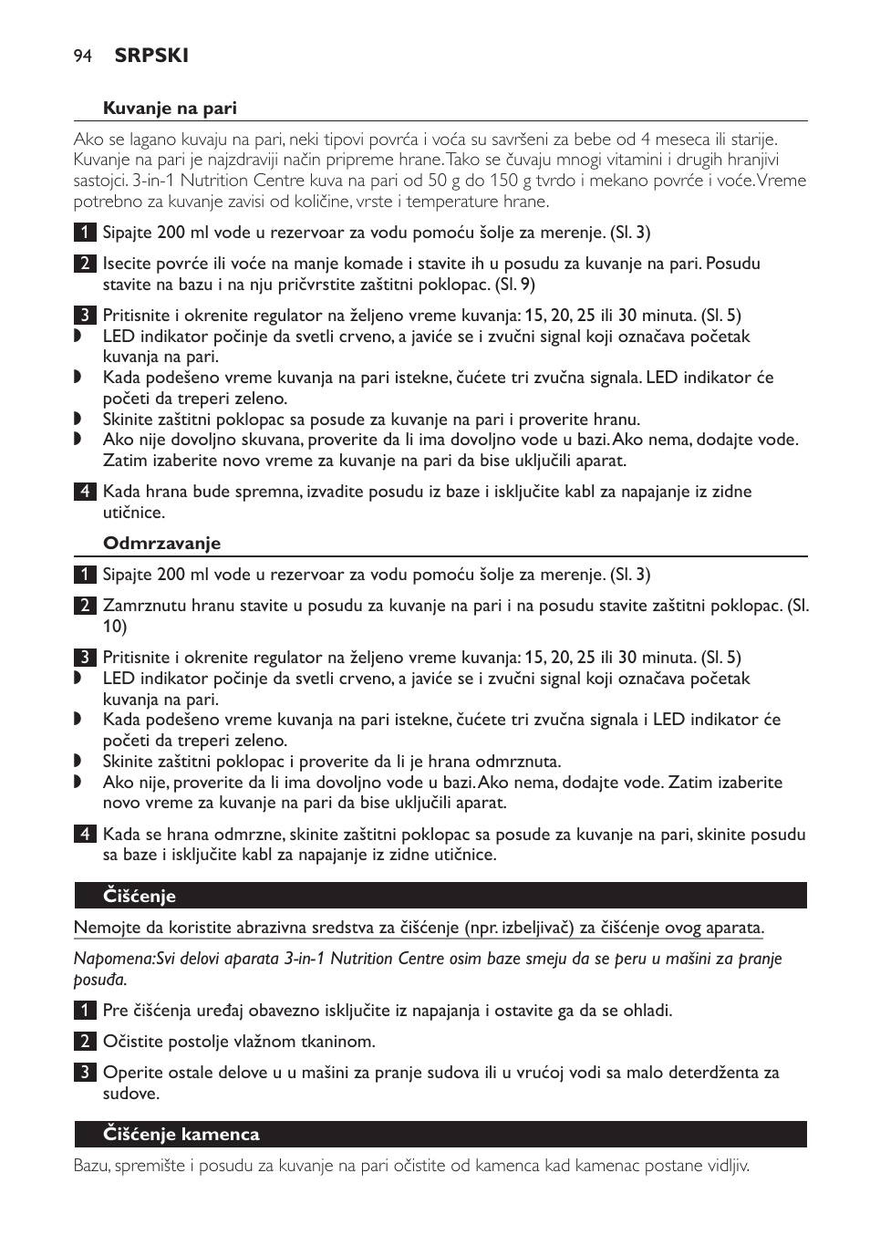 Kuvanje na pari, Odmrzavanje, Čišćenje | Čišćenje kamenca | Philips SCF280 User Manual | Page 94 / 108