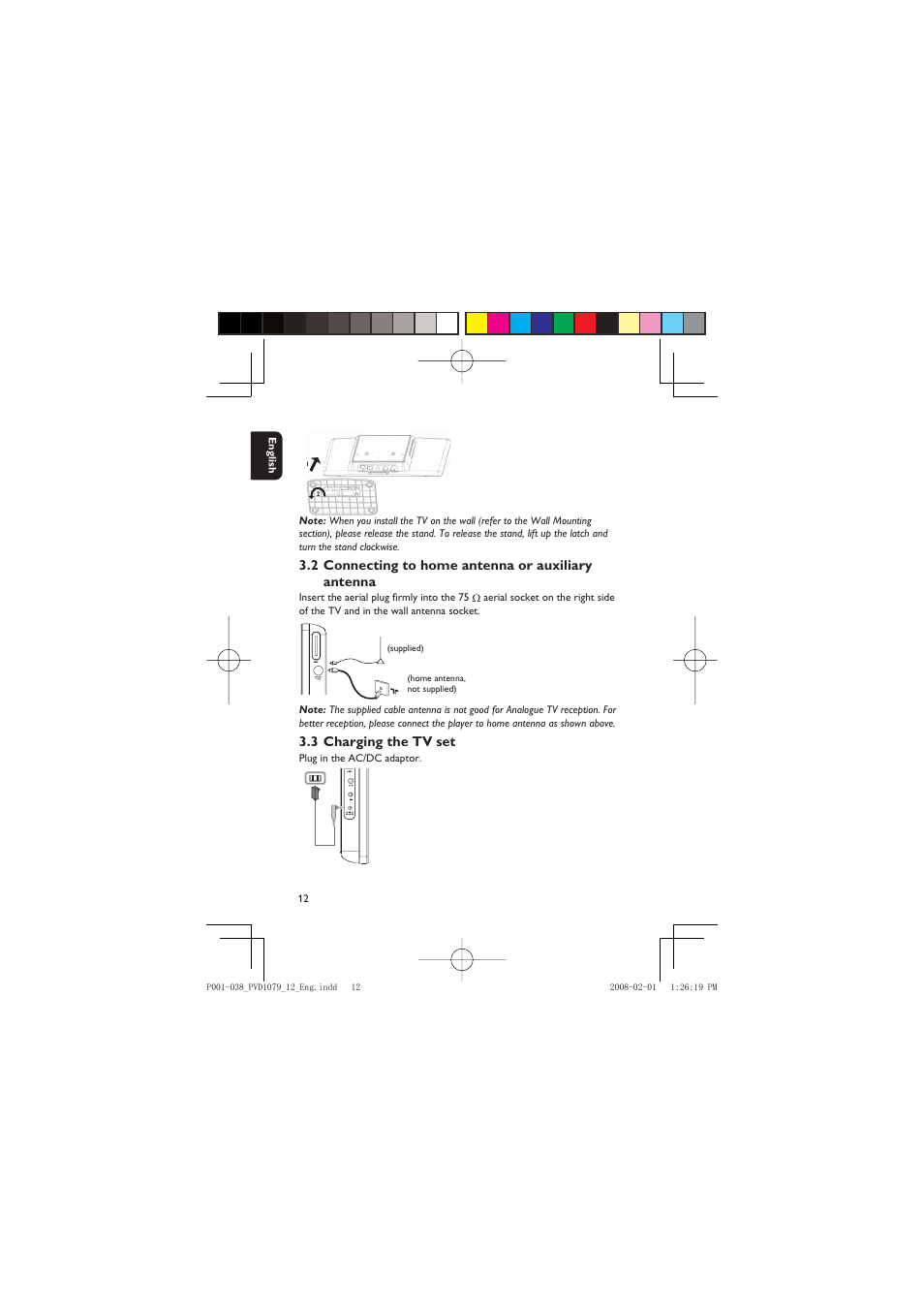 2 connecting to home antenna or auxiliary antenna, 3 charging the tv set | Philips PVD1079/12 User Manual | Page 12 / 39