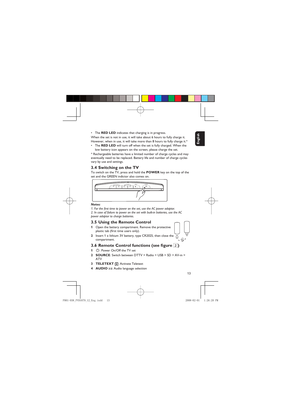 4 switching on the tv, 5 using the remote control, 6 remote control functions (see fi gure 2 ) | Philips PVD1079/12 User Manual | Page 13 / 39