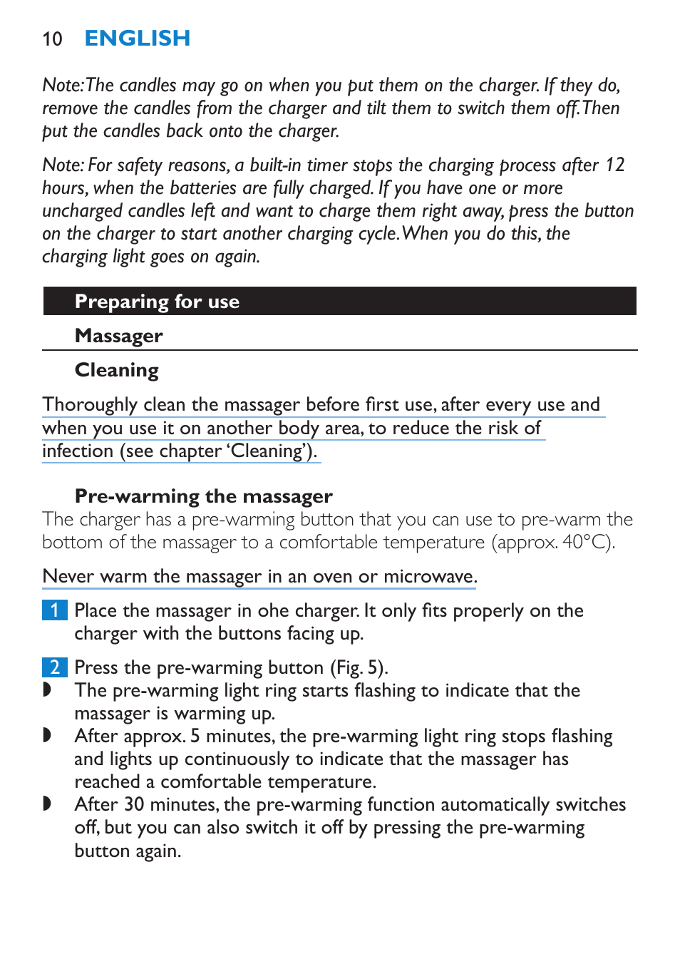 Preparing for use, Massager, Cleaning | Pre-warming the massager | Philips Candlelight Set HF8430 User Manual | Page 10 / 76