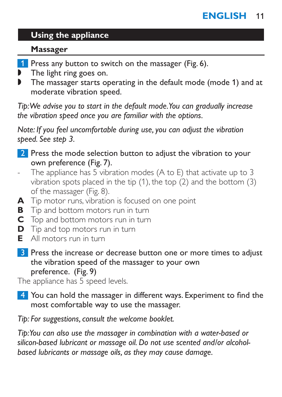 Using the appliance, Massager | Philips Candlelight Set HF8430 User Manual | Page 11 / 76