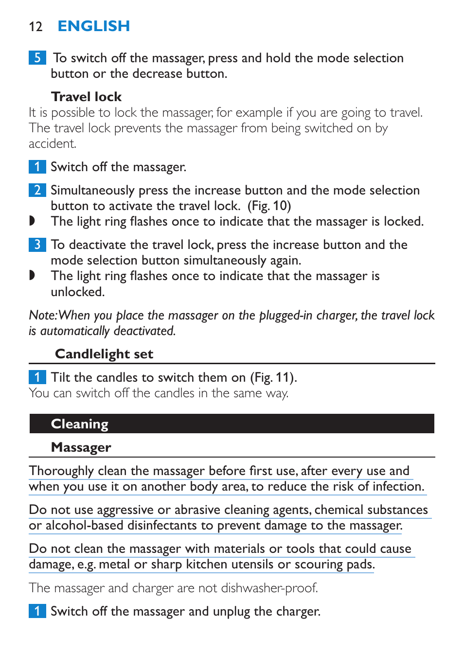 Travel lock, Candlelight set, Cleaning | Massager | Philips Candlelight Set HF8430 User Manual | Page 12 / 76