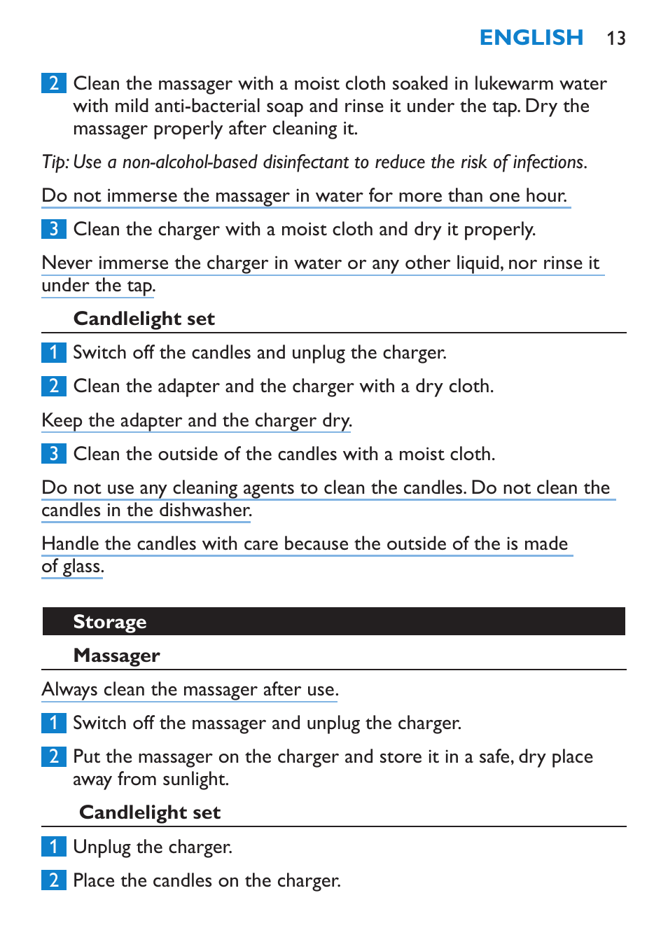 Candlelight set, Storage, Massager | Philips Candlelight Set HF8430 User Manual | Page 13 / 76