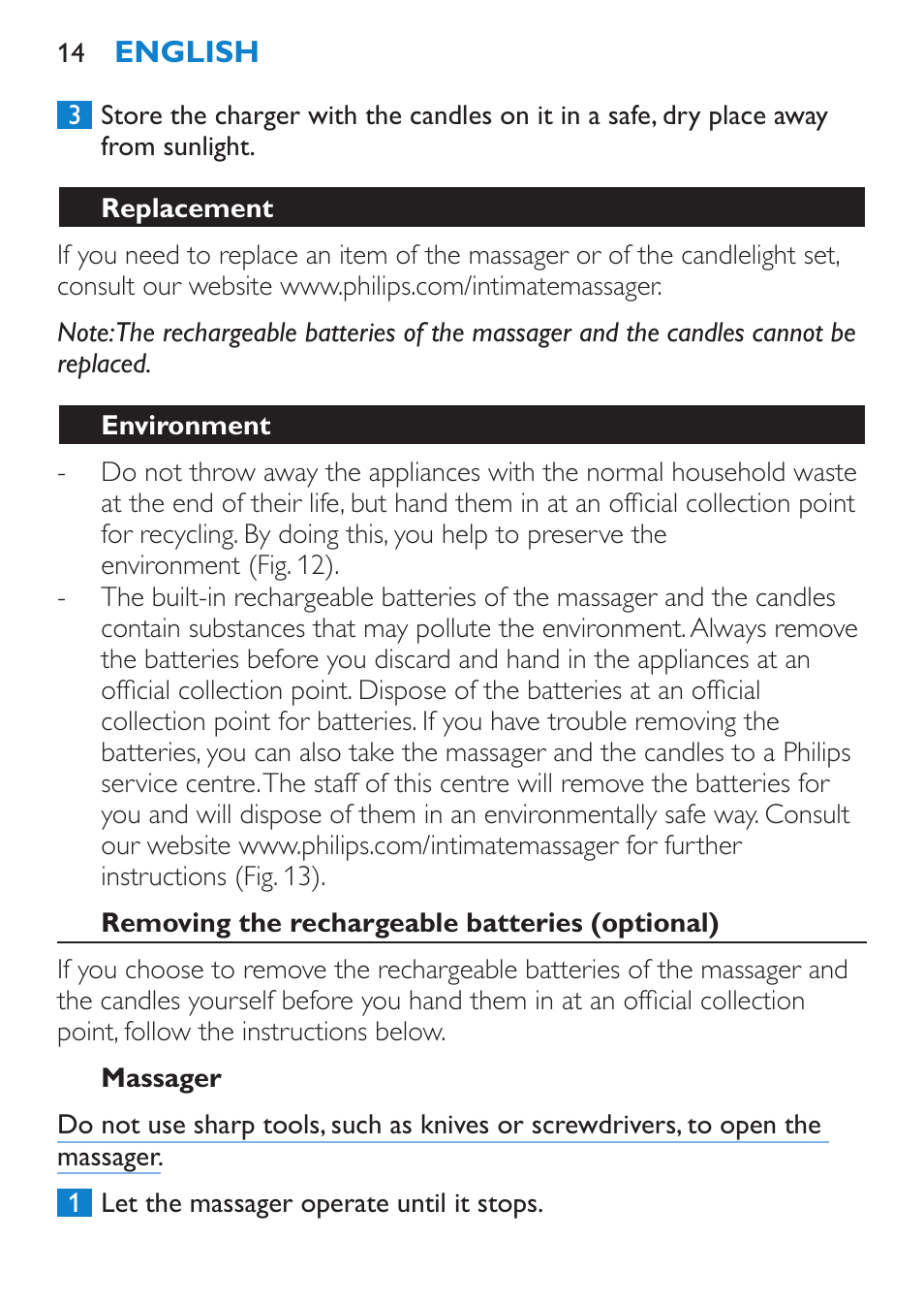 Replacement, Environment, Removing the rechargeable batteries (optional) | Massager | Philips Candlelight Set HF8430 User Manual | Page 14 / 76