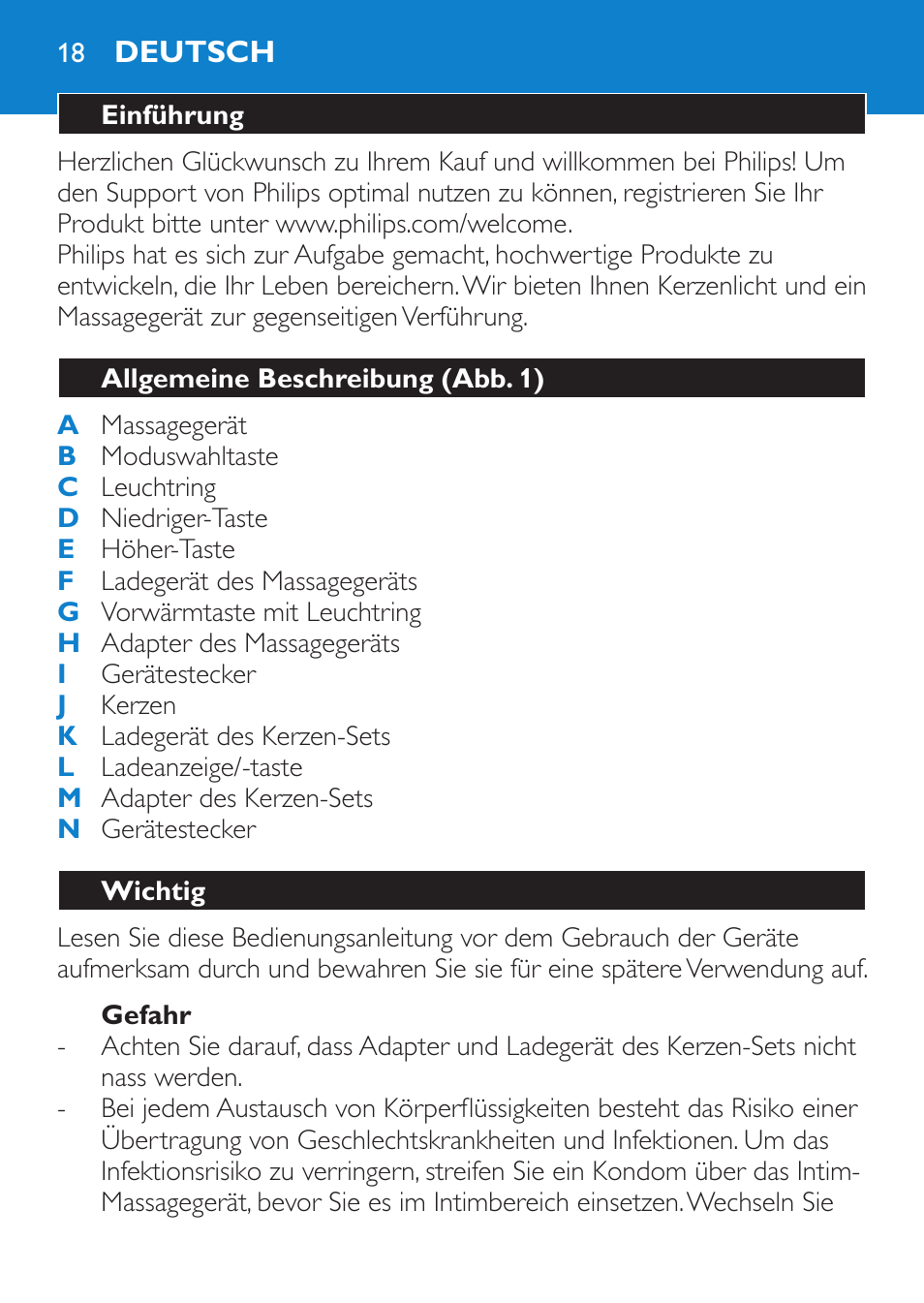 Gefahr, Deutsch, Einführung | Allgemeine beschreibung (abb. 1), Wichtig | Philips Candlelight Set HF8430 User Manual | Page 18 / 76