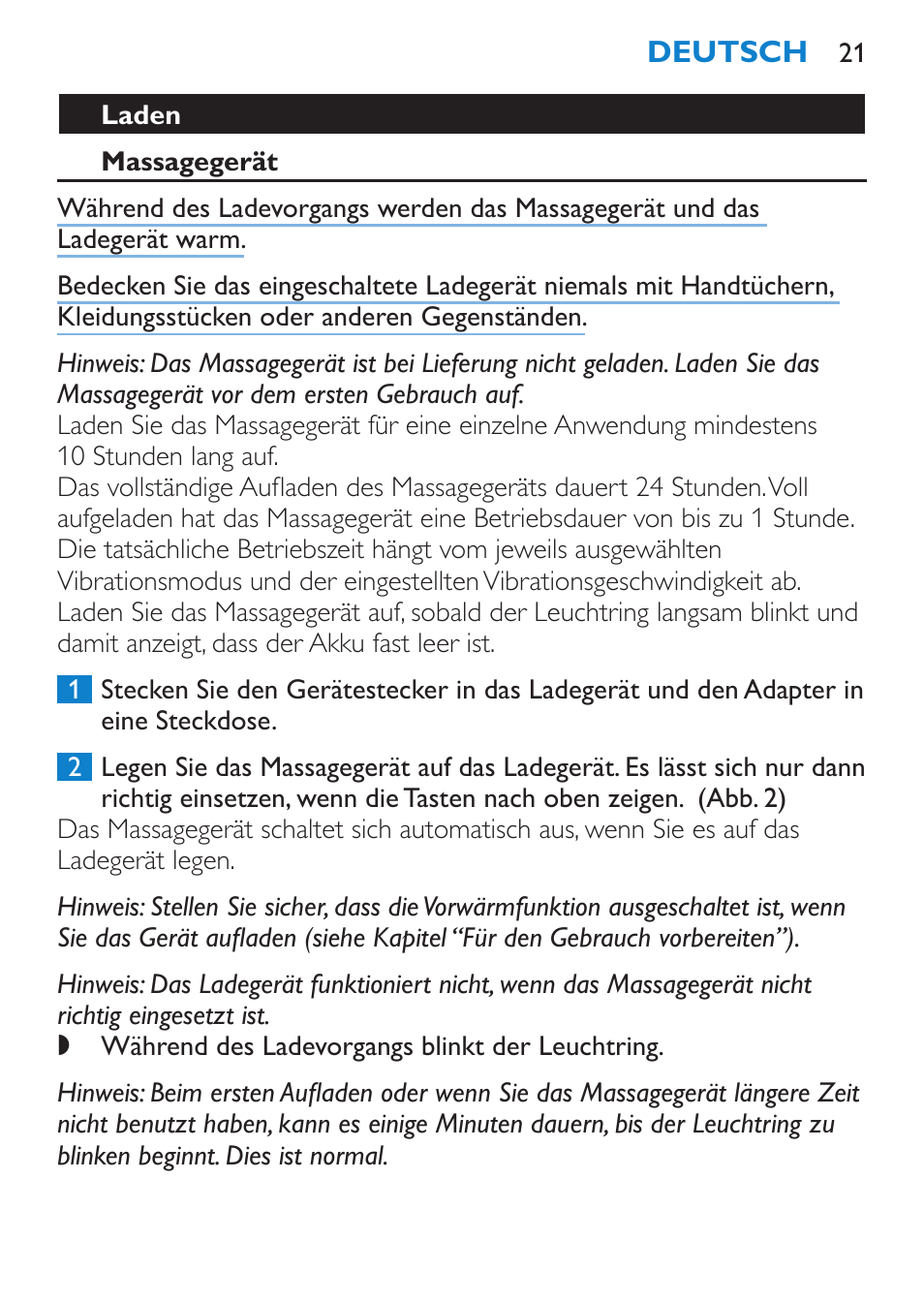 Laden, Massagegerät | Philips Candlelight Set HF8430 User Manual | Page 21 / 76