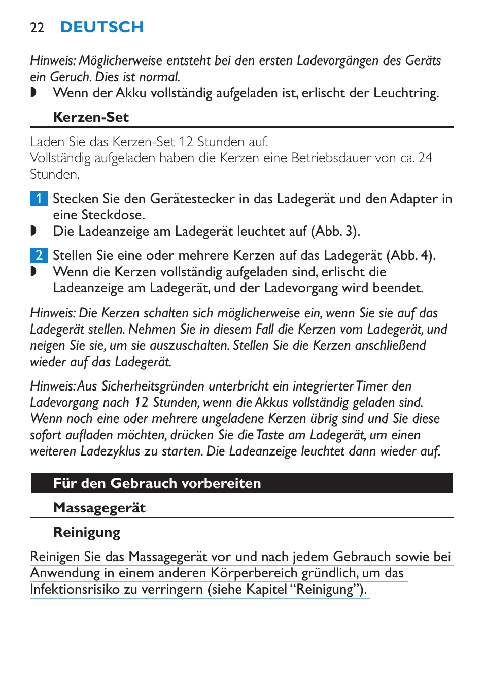 Kerzen-set, Für den gebrauch vorbereiten, Massagegerät | Reinigung | Philips Candlelight Set HF8430 User Manual | Page 22 / 76